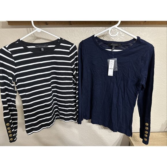 NWT! 2 White House Black Market Navy & Stripe Buttons Long Sleeve Rib Tee XS! - Picture 2 of 8